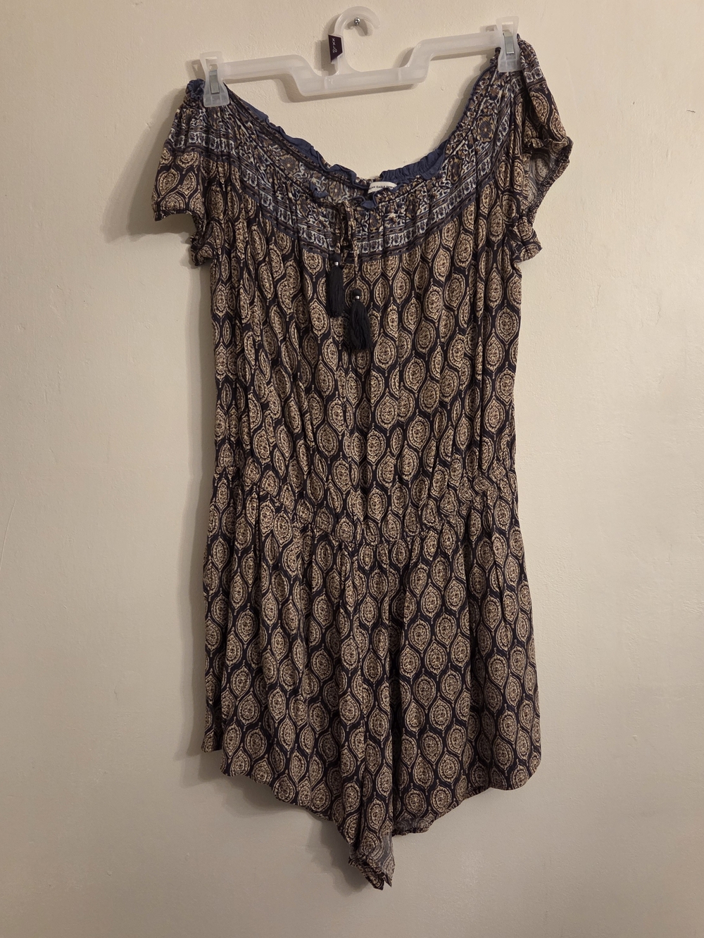 American Eagle Paisley Off the Shoulder Romper XL Blue Cream Boho Festival